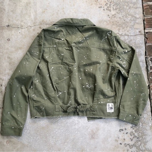 NWT Oak & Acorn Painter Cropped Jacket Sage Green Cotton Splatter L - Picture 9 of 13